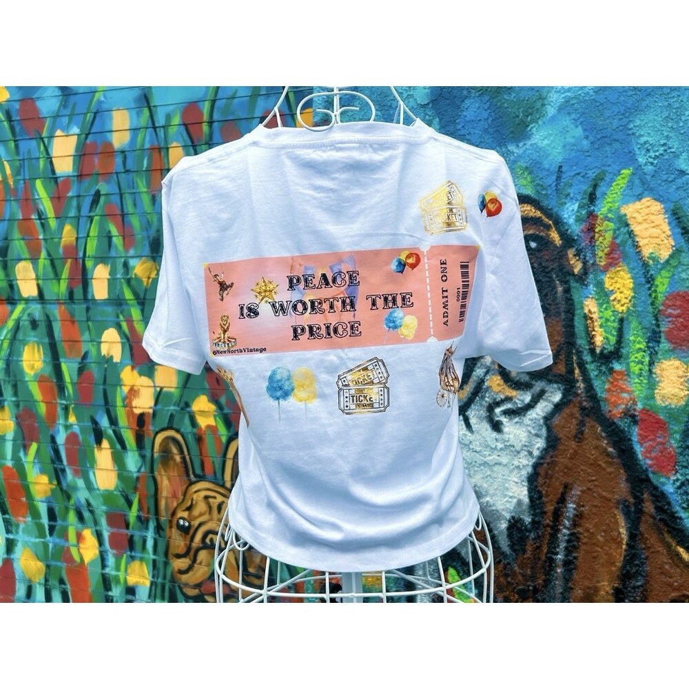 PEACE Is Worth The Price (c) Crop T Shirt Sz Small- White with Gold Foil